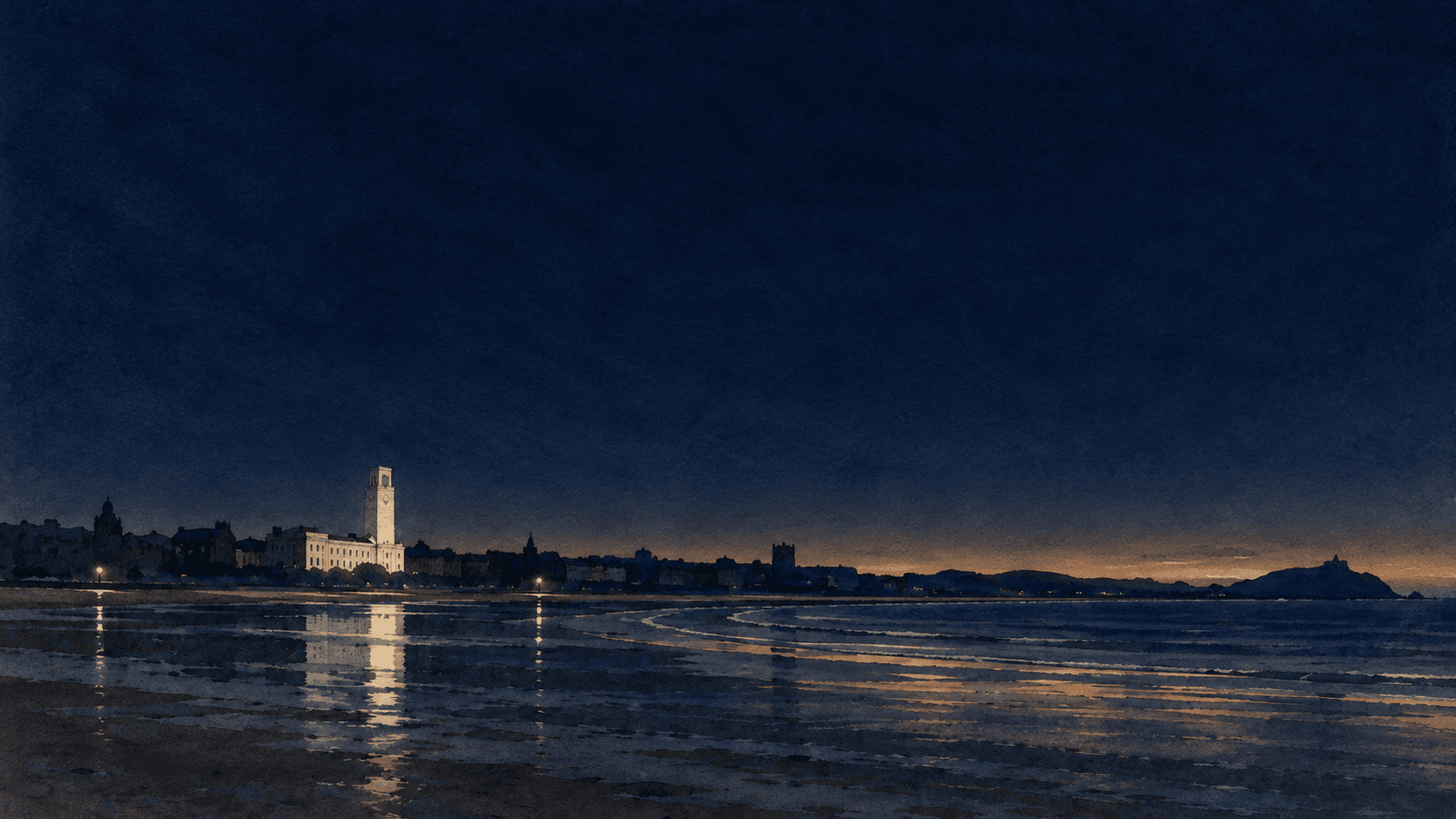 A painting of Swansea at dusk